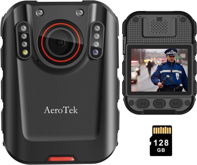 AeroTek كاميرا جسم 2K، كاميرا شرطة مع تسجيل فيديو ورؤية ليلية بالأشعة تحت الحمراء الفائقة، كاميرا محمولة للإنفاذ القانوني (مجموعة بطاقة 128GB) - Image 1